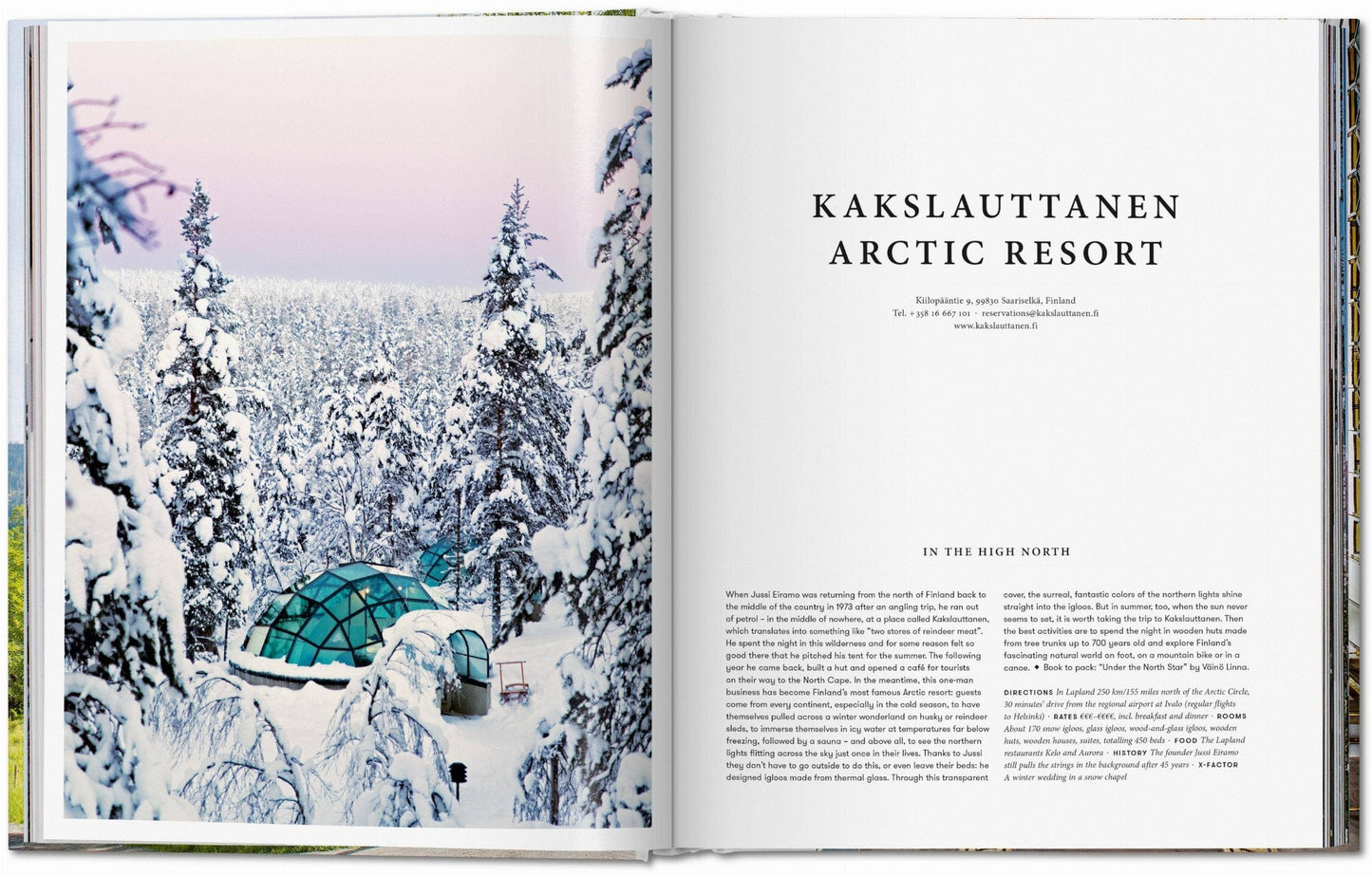 Open book showing a snowy landscape with a green building and text about Kakslauttanen Arctic Resort.