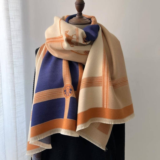 Chocolate, Blue and Camel Double-Faced Cashmere Like Scarf