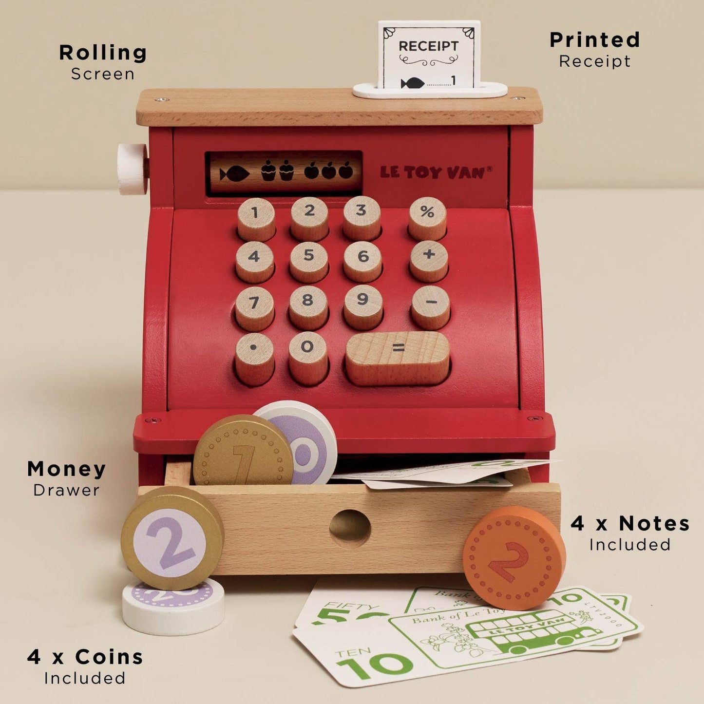 Wooden Cash Register & Money