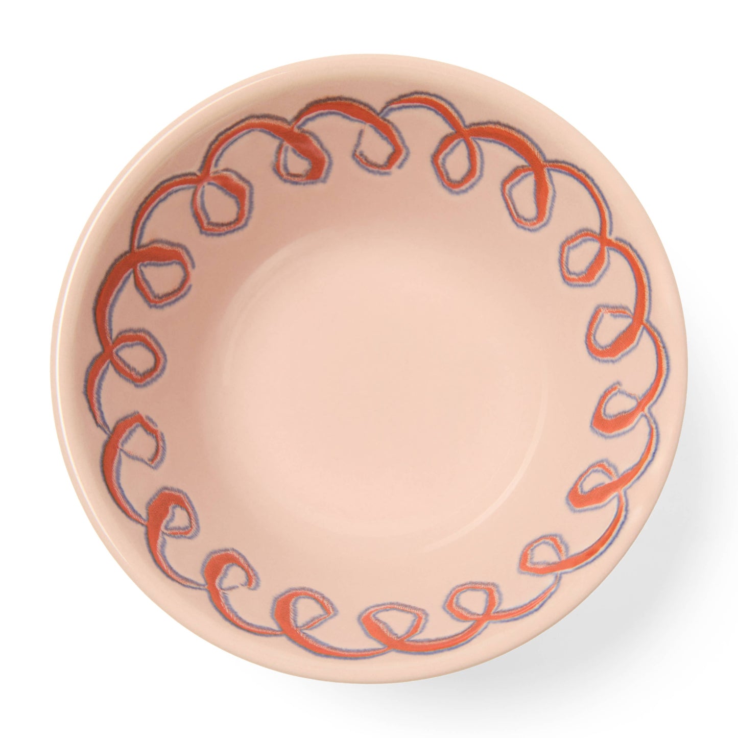 Ceramic bowl with decorative red pattern on a white background