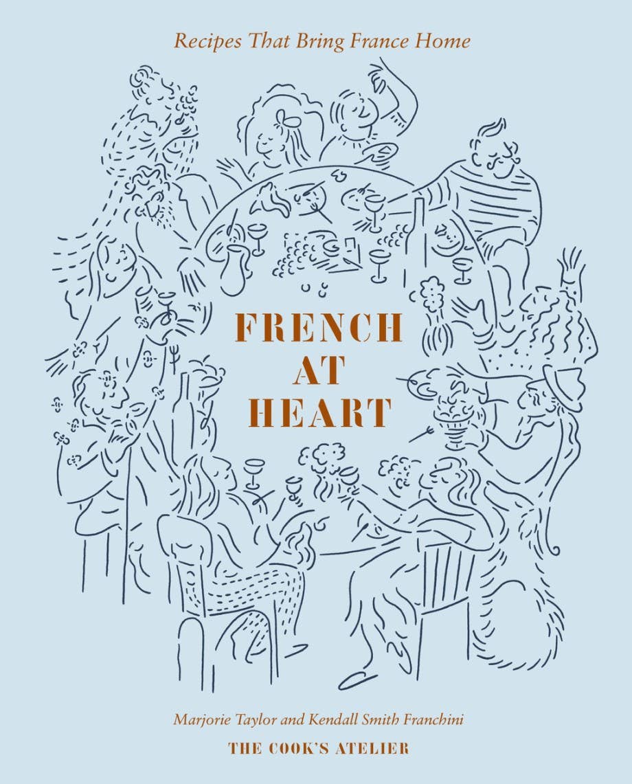 Book cover of 'French at Heart' with line drawings of people dining on a light blue background.