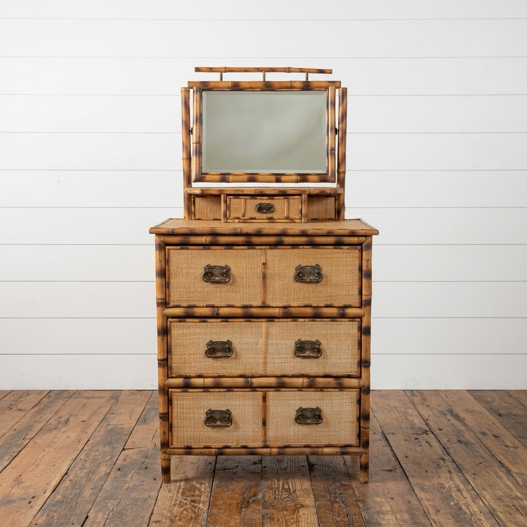 Aesthetic Movement Tortoise Bamboo and Grasscloth Dresser and Vanity