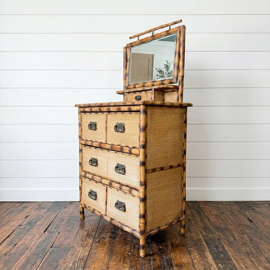 Aesthetic Movement Tortoise Bamboo and Grasscloth Dresser and Vanity