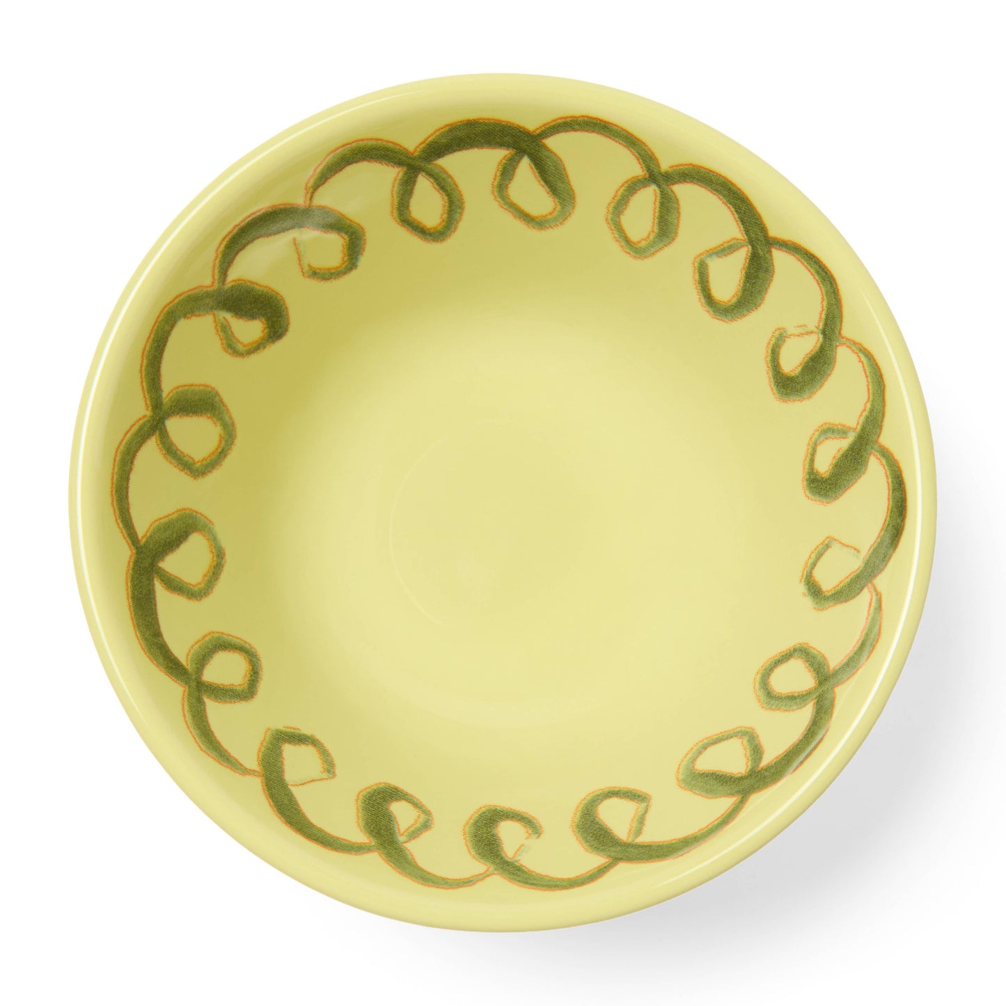 Yellow ceramic plate with green decorative border on a white background