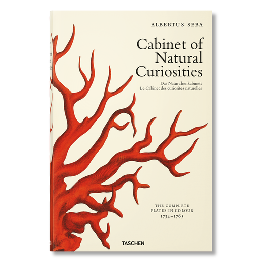 Book cover of 'Cabinet of Natural Curiosities' with red coral illustration on a beige background