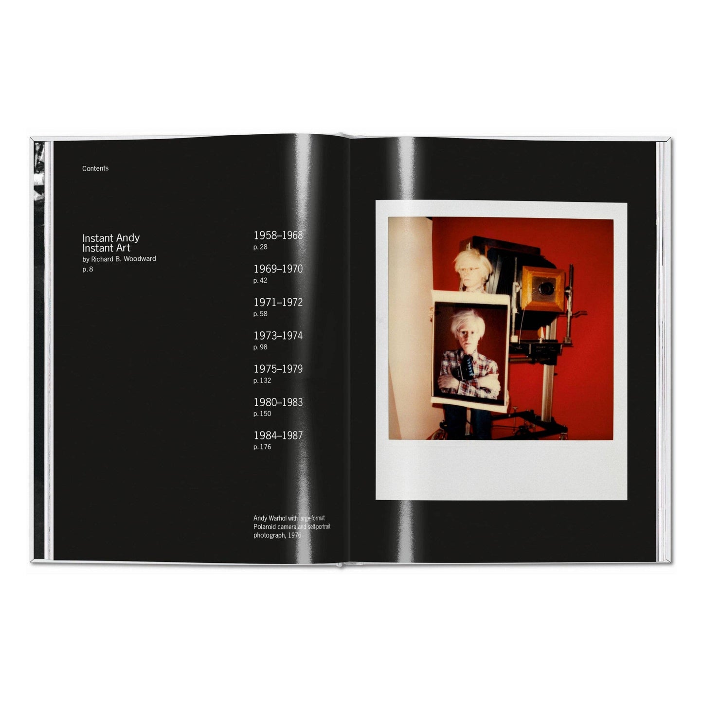 Open book showing a page with text and a photograph of a camera and portrait on a red background.