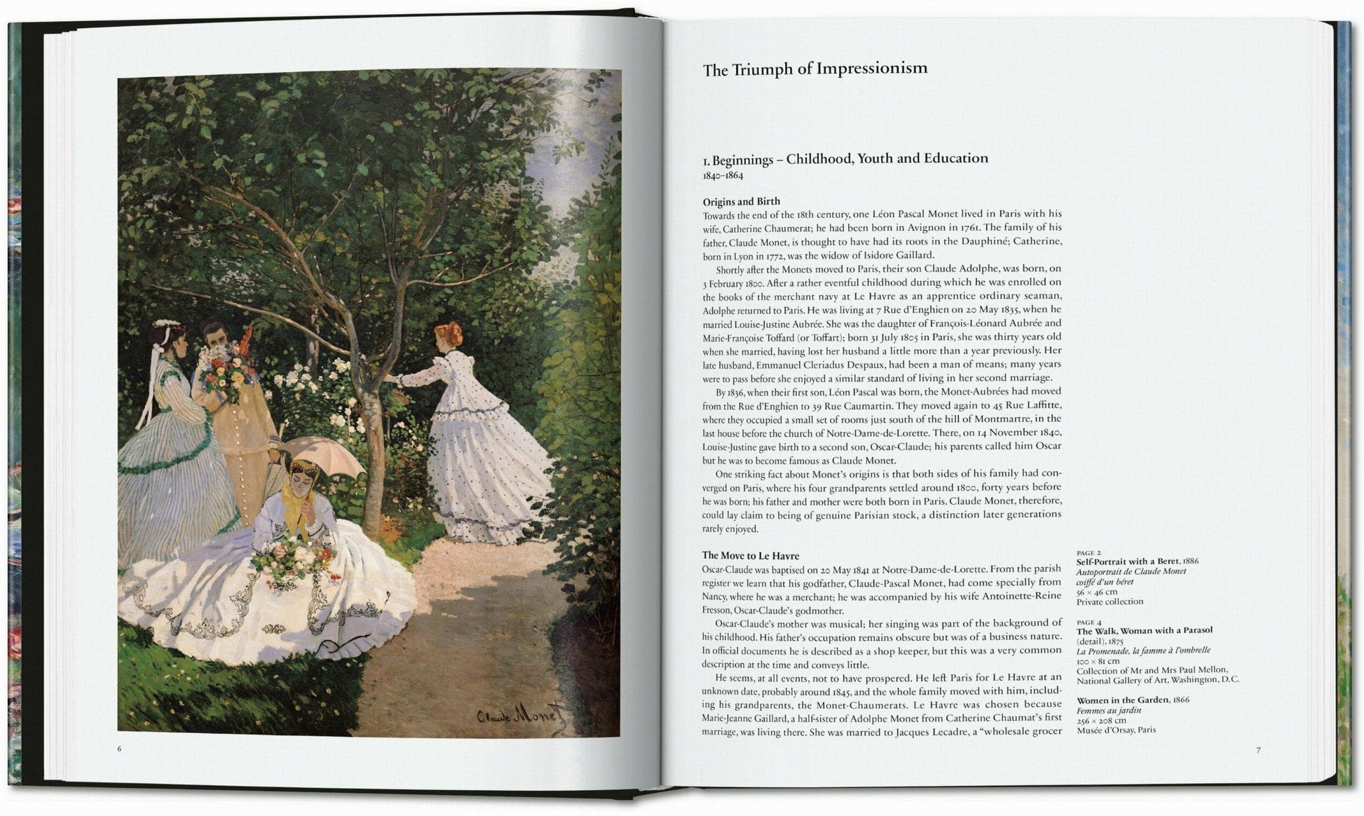 Open book showing a painting on the left page and text on the right page. Le Marchande Art Monet