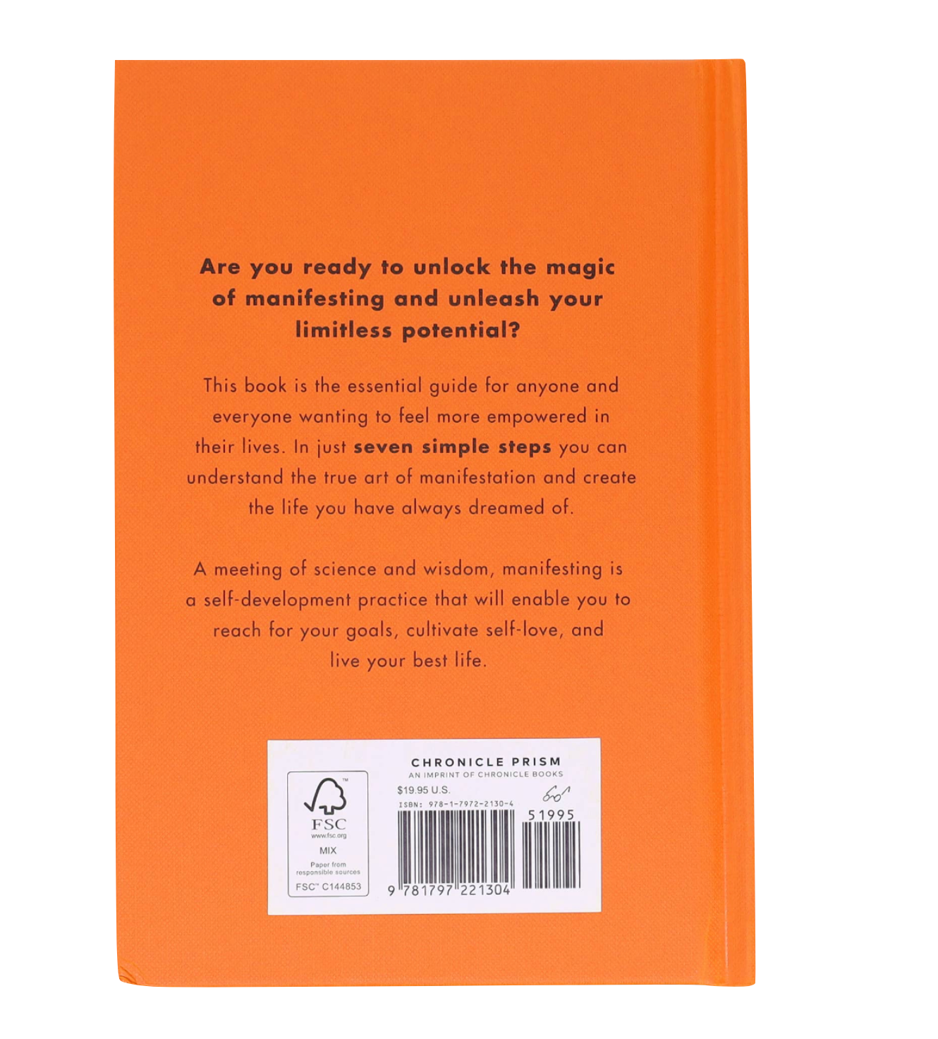 Back cover of an orange book with text and a barcode on a white background