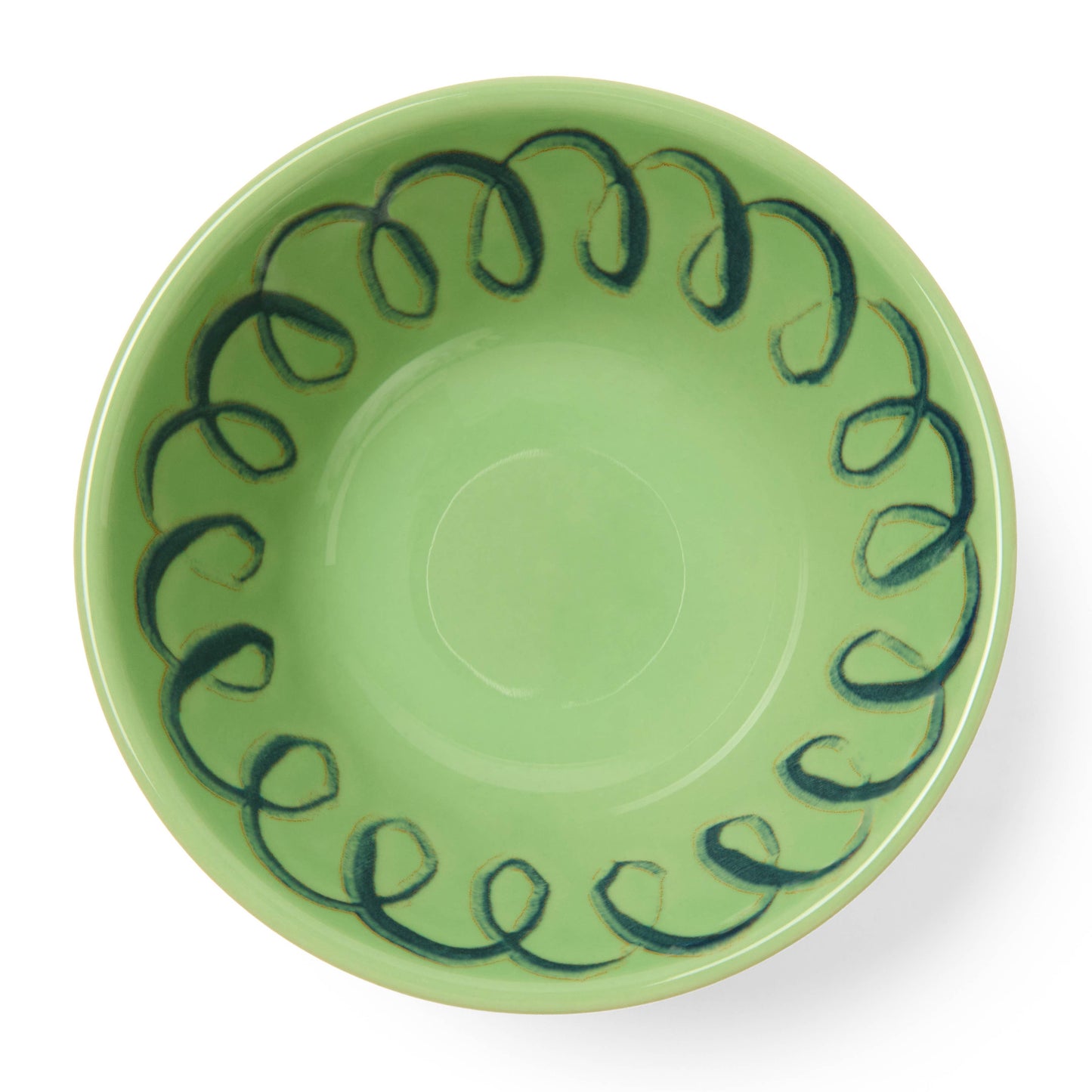 Green ceramic bowl with black decorative pattern on a white background