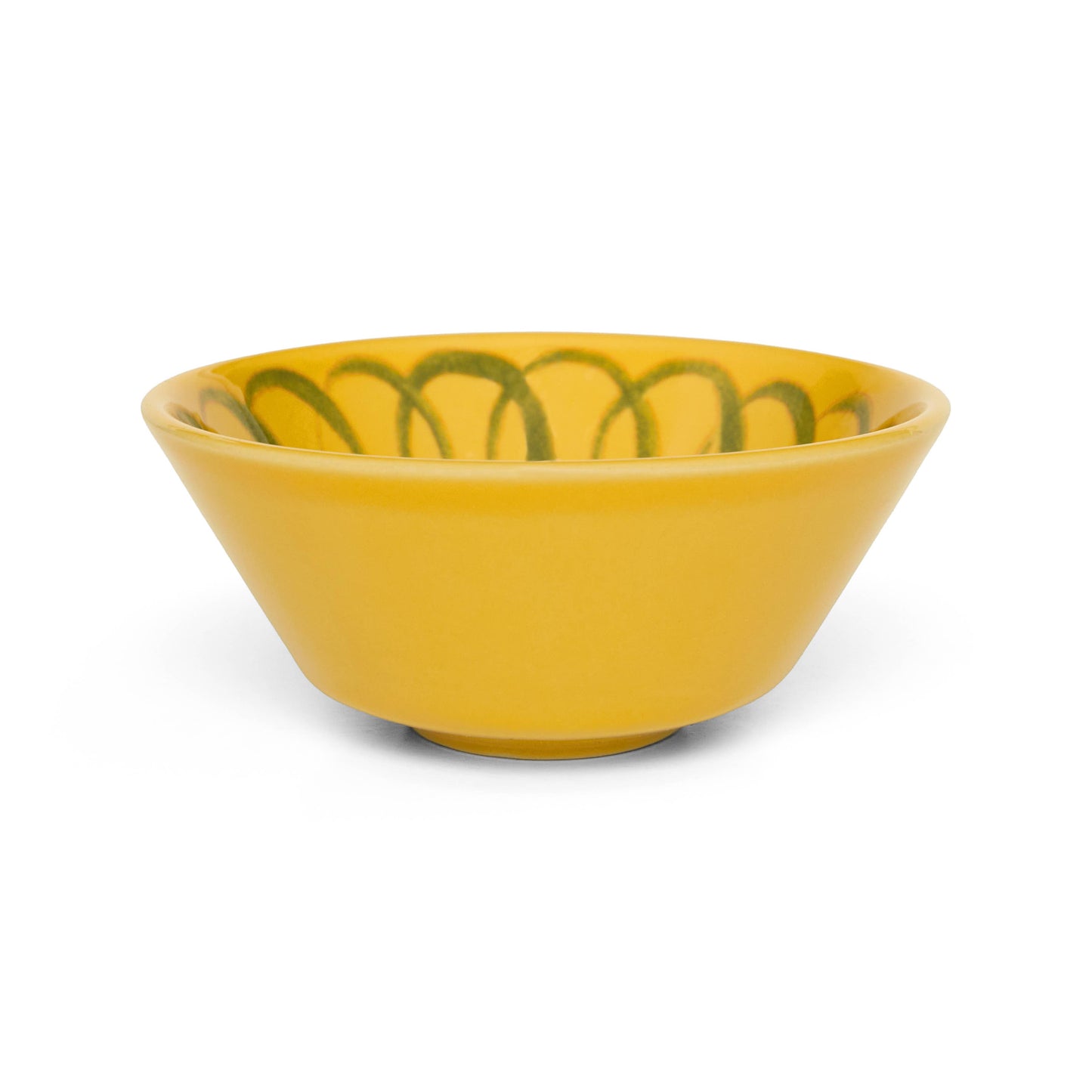 Yellow ceramic bowl with green decorative lines on a white background