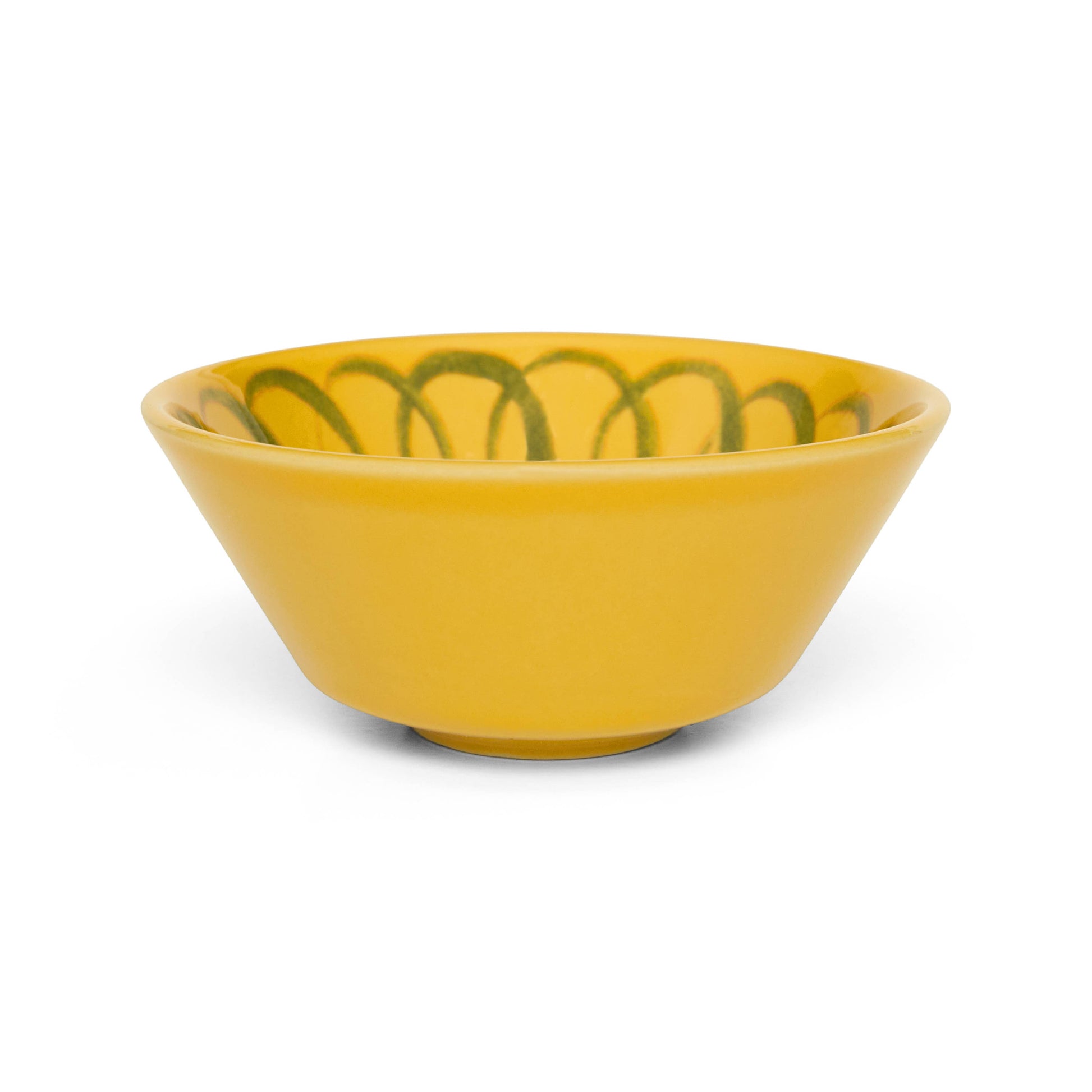Yellow ceramic bowl with green decorative lines on a white background