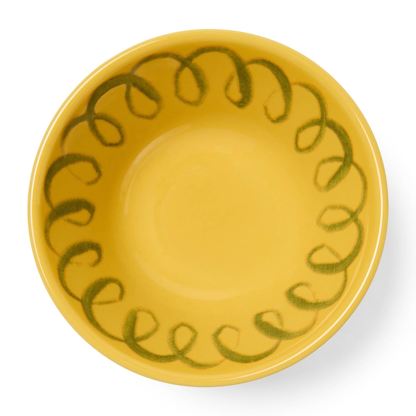 Yellow ceramic bowl with green decorative pattern on a white background