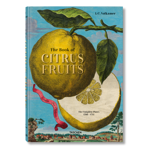 Book cover of 'The Book of Citrus Fruits' with a large illustration of a lemon and text. Le Marchande