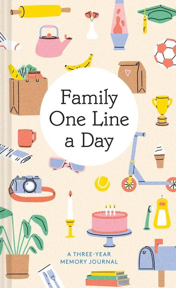 Cover of 'Family One Line a Day' memory journal with illustrations on a beige background