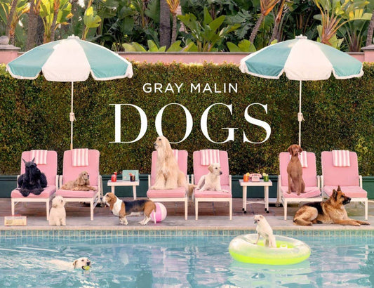 Book cover of 'DOGS' by Gray Malin featuring dogs around a pool with umbrellas and chairs. Le Marchande