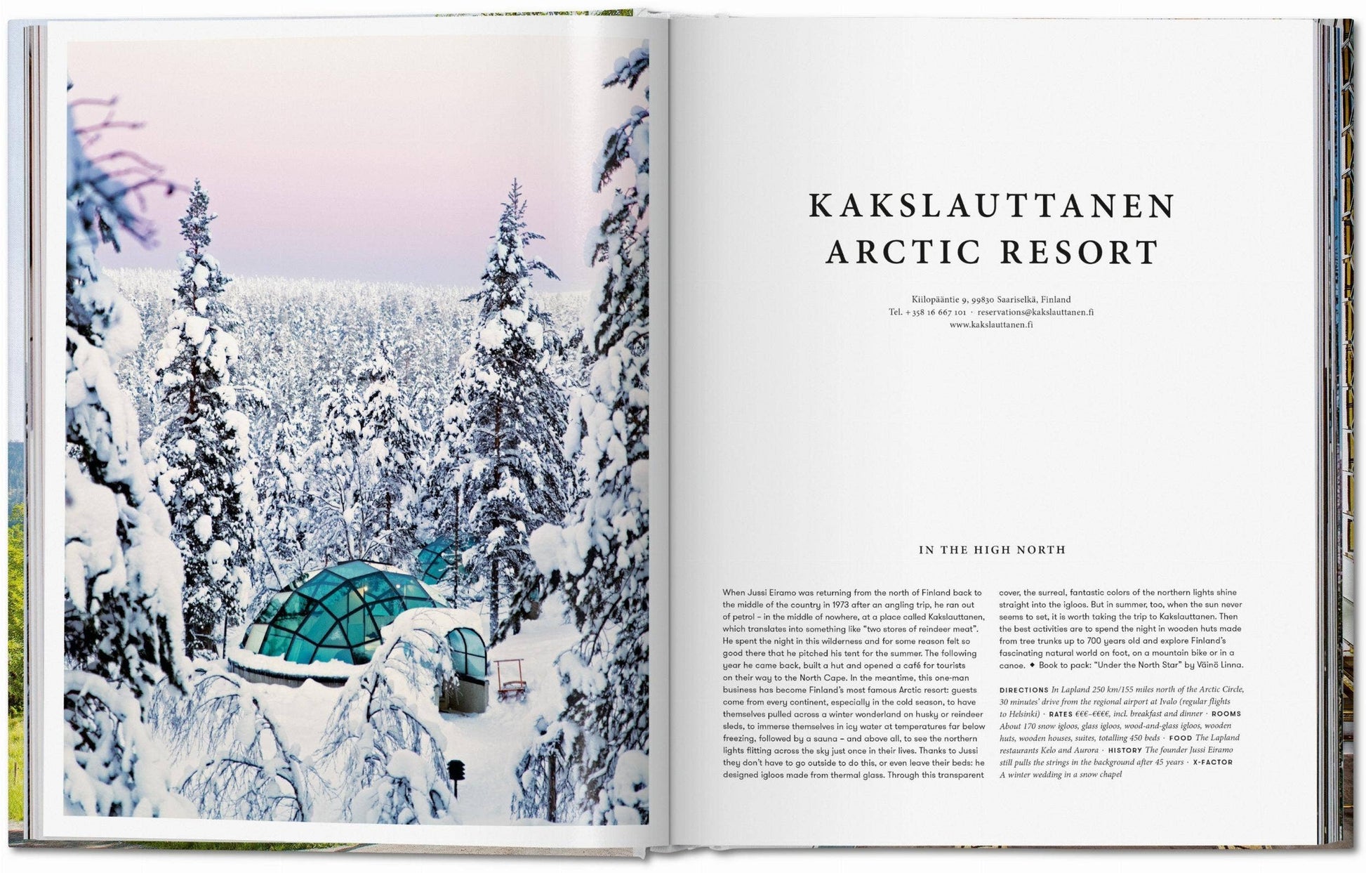 Open book showing a snowy landscape with a green building and text about Kakslauttanen Arctic Resort.