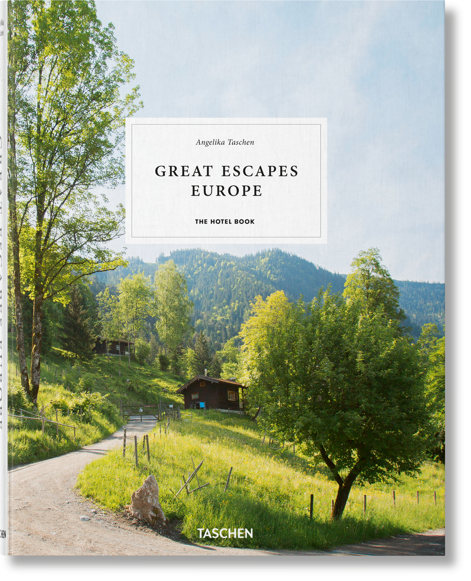 Book cover of 'Great Escapes Europe' by Taschen with a scenic view of a mountain and cabin. Le Marchande 