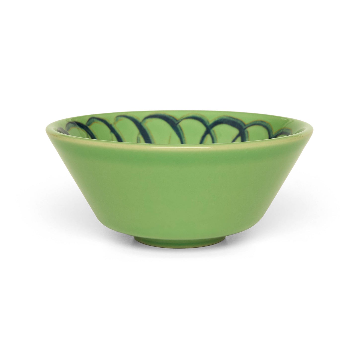 Green ceramic bowl with decorative blue pattern on a white background