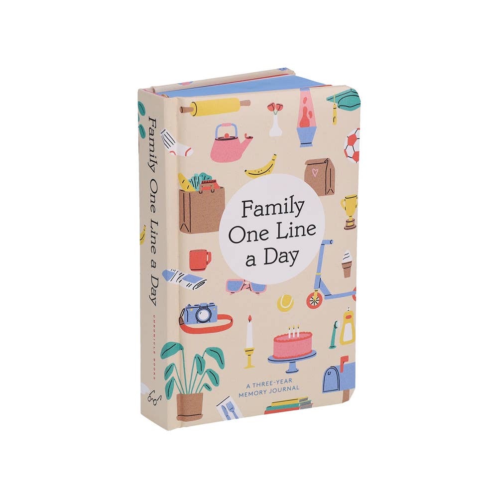 Memory journal box with 'Family One Line a Day' text and illustrations on a white background
