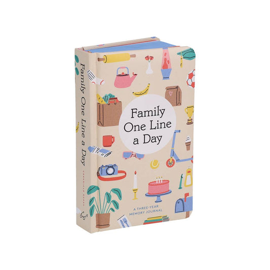 Memory journal box with 'Family One Line a Day' text and illustrations on a white background