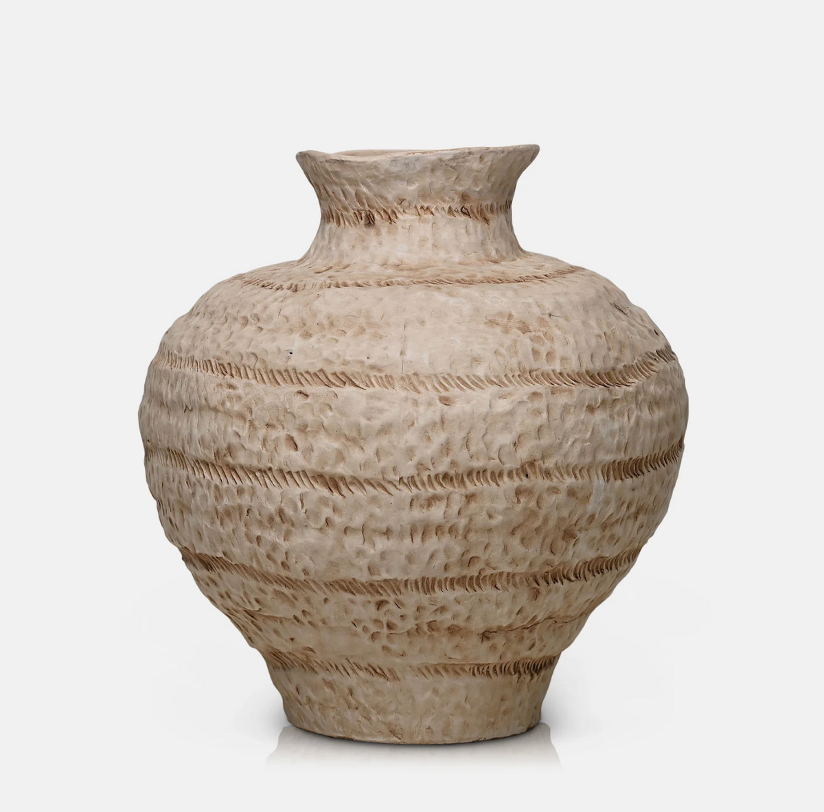 A textured ceramic vase with a rounded bulbous body, narrow neck, and flared rim, shown on a clean white background.