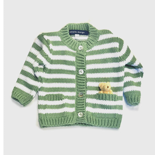 Green and white striped baby cardigan with a teddy bear on a light gray background