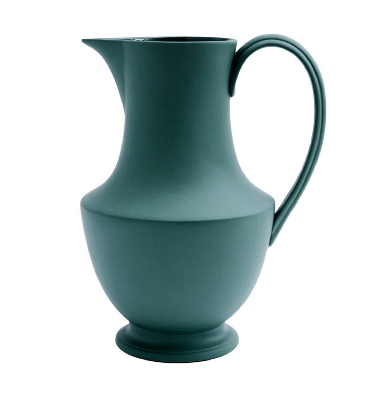 Green ceramic pitcher on a white background